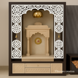 Square dark wood mandir with white CNC jaali panels and golden hanging lamp.