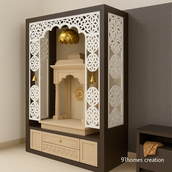 Beige carved wooden pooja unit with drawer storage and Om emblem on back panel.