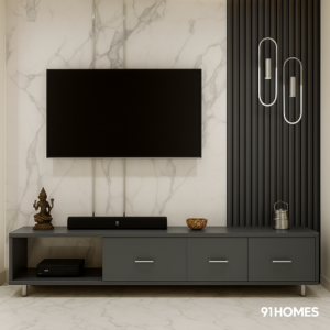 Grey and Marble TV Unit featuring fluted paneling and floating cabinet.