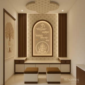 Modern pooja mandir room with backlit Ganesha panel and wooden cabinetry in white and brown finish