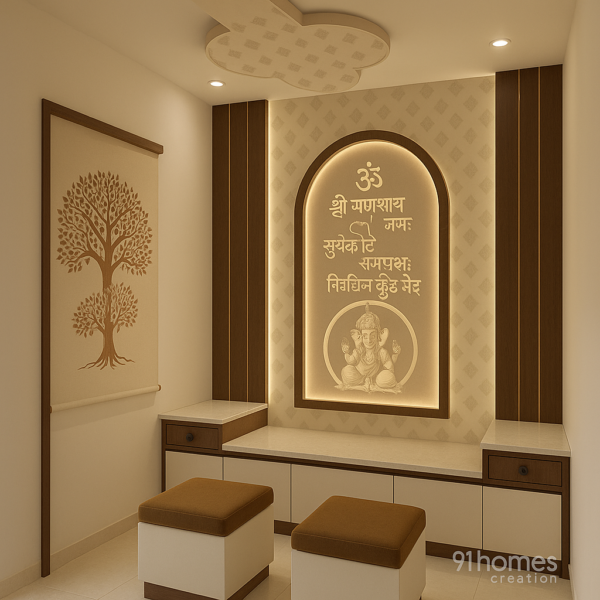 Side-angle view of a square mandir setup featuring arched backdrop, cushioned stools, and tree mura