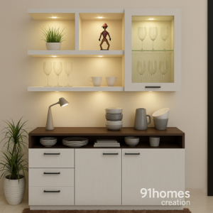 Modern white and brown crockery unit with open shelves, glass cabinet, and LED lighting.