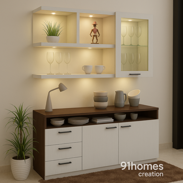 Wall-mounted modular kitchen cabinet with decorative items and spotlighted display sections.