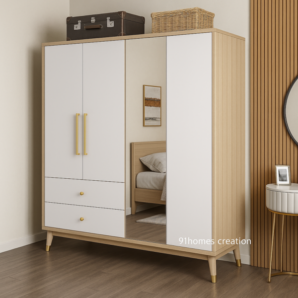 Side angle view of white and oak finish wardrobe with gold handles and mirror