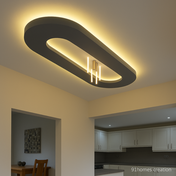 Contemporary gypsum ceiling with matte black frame and warm recessed lights