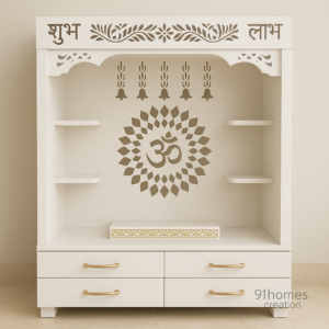 White Wooden Mandir with Om Cutwork and Gold Handles with gold handles and Om cutwork design in matte finish.