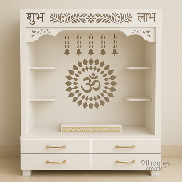 White Wooden Mandir with Om Cutwork and Gold Handles with gold handles and Om cutwork design in matte finish.