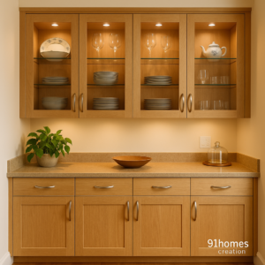 Light Oak Crockery Unit with Glass Cabinets and LED Lighting.