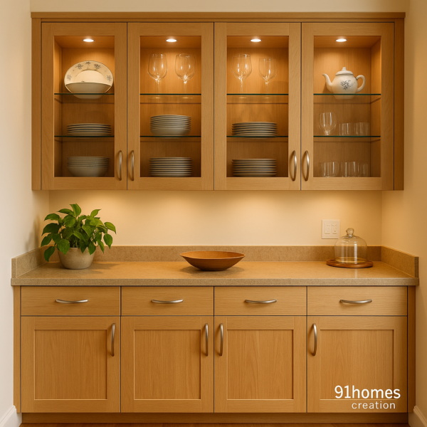 Light Oak Crockery Unit with Glass Cabinets and LED Lighting.