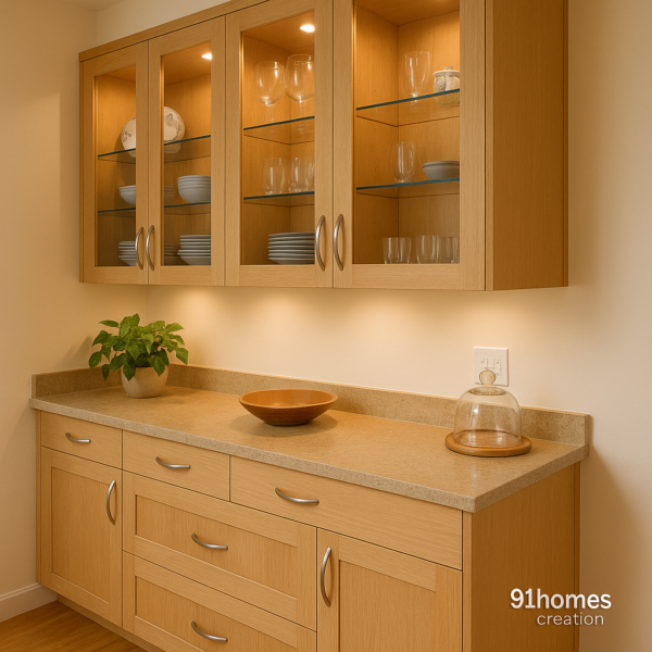 Modern wall-mounted wooden display cabinet with LED lights and sleek handles.