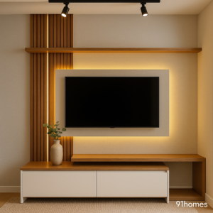 Sleek TV unit with fluted wood panel and matte beige cabinet.