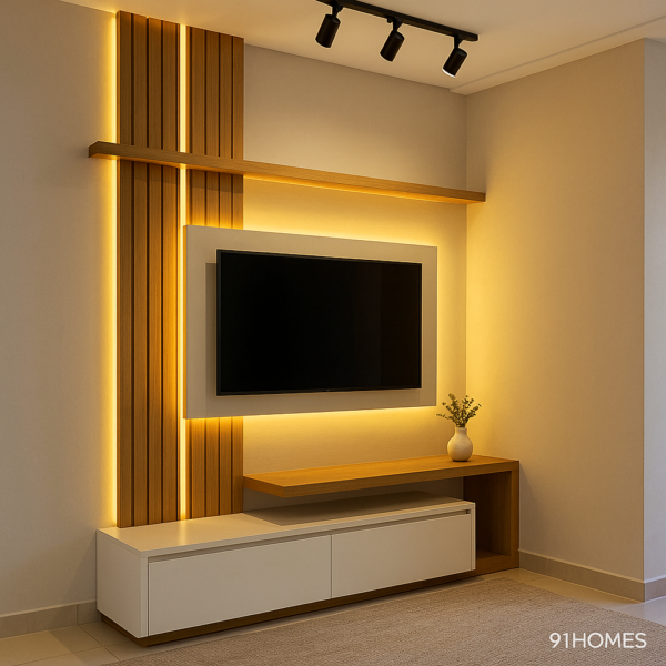 Wall-mounted sleek TV unit featuring LED backlighting and floating shelf.