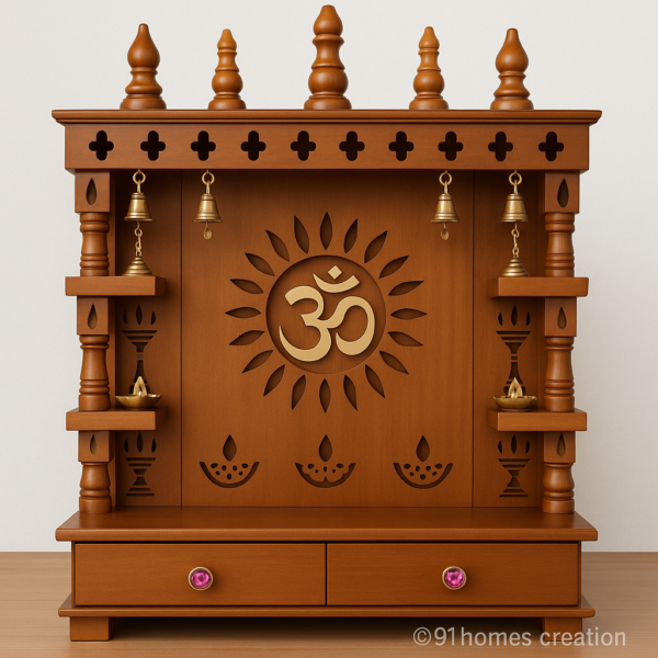 Brown wooden mandir with Om design and matte polish.