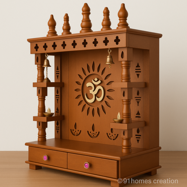 Traditional Hindu temple unit with brass bells, diya shelves, and sunburst Om carving.