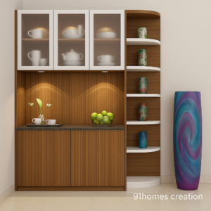 Brown and White Crockery Unit with Curved Side Shelves.