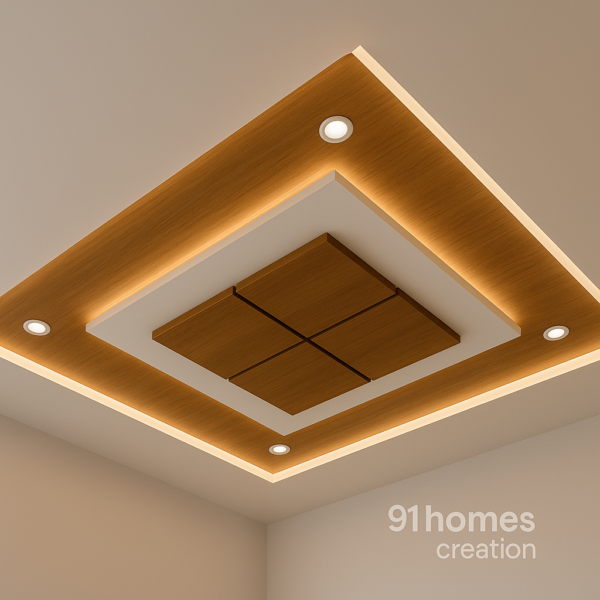 Modern ceiling design featuring teak finish wood and warm LED strip lighting.
