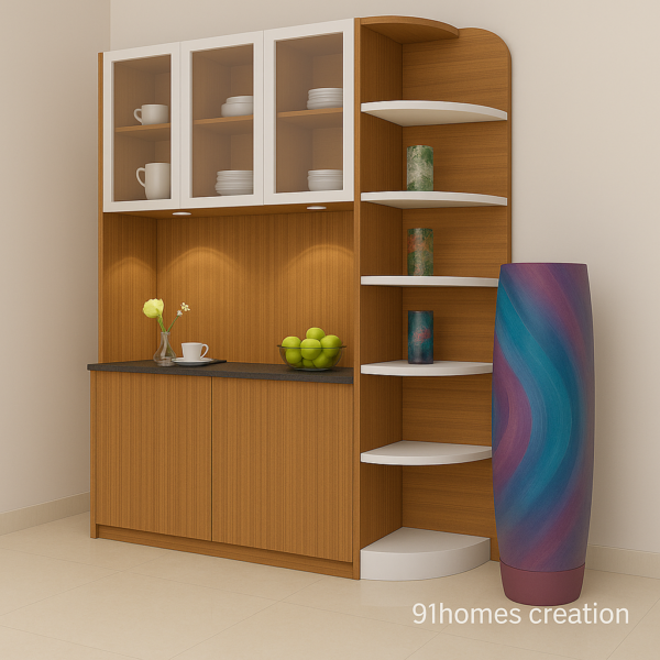 Brown and white crockery cabinet with LED lights and decorative display shelves.