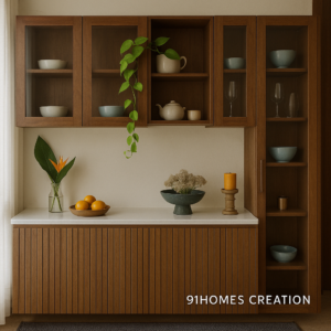 Walnut Finish Crockery Unit with Vertical Slats and Glass Cabinets