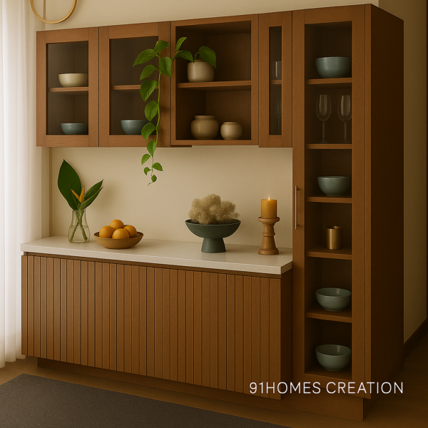 Modern wall-mounted crockery unit with vertical slats and walnut finish.