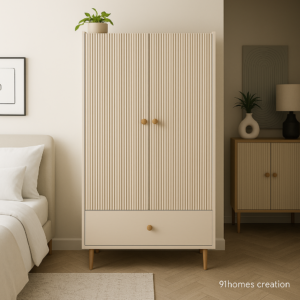 Beige ribbed wardrobe with drawer and wooden knobs in modern bedroom