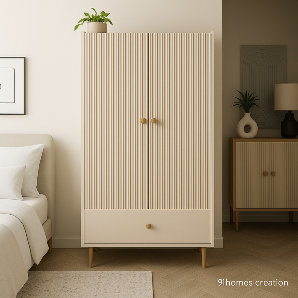 Beige ribbed wardrobe with drawer and wooden knobs in modern bedroom