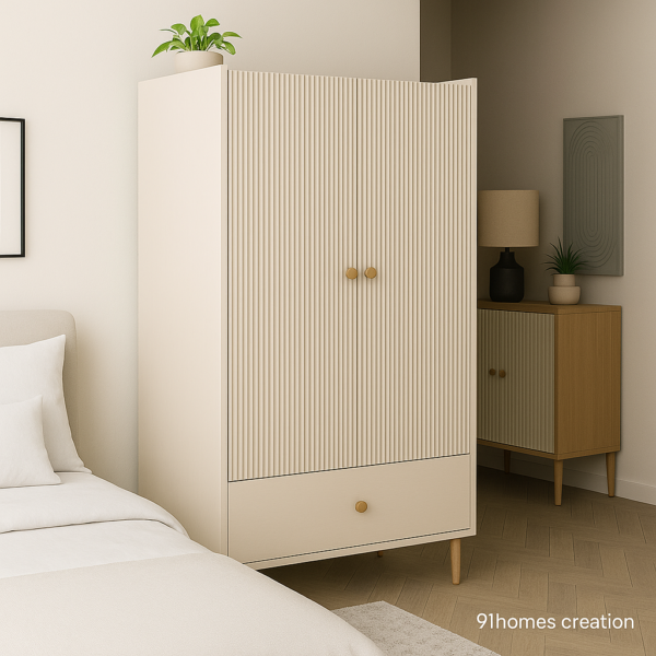 Vertical fluted design wardrobe with matte finish and wooden legs