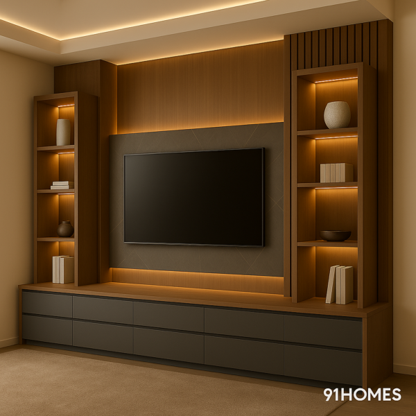 Wall-mounted Fluted Wood and Slate Grey console with textured panels.