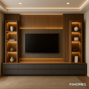 Fluted Wood and Slate Grey TV unit with backlit open shelving.