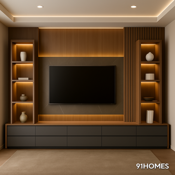 Fluted Wood and Slate Grey TV unit with backlit open shelving.