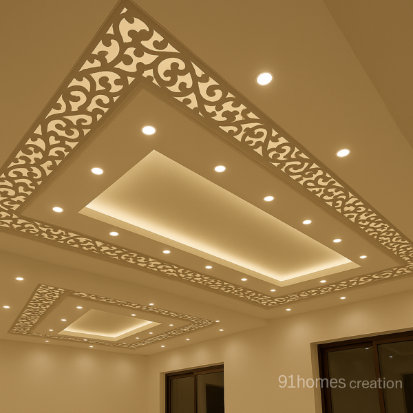 Gypsum tray ceiling with warm lighting and ornamental design for living room interior.