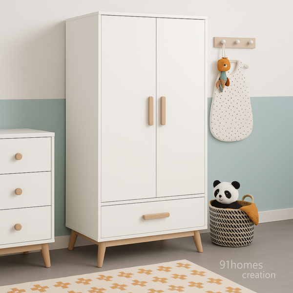 Modern Scandinavian nursery wardrobe with matte white finish and tapered legs