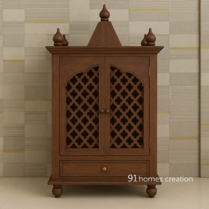 Dark Brown wooden mandir cabinet with traditional lattice doors and dome-shaped finials