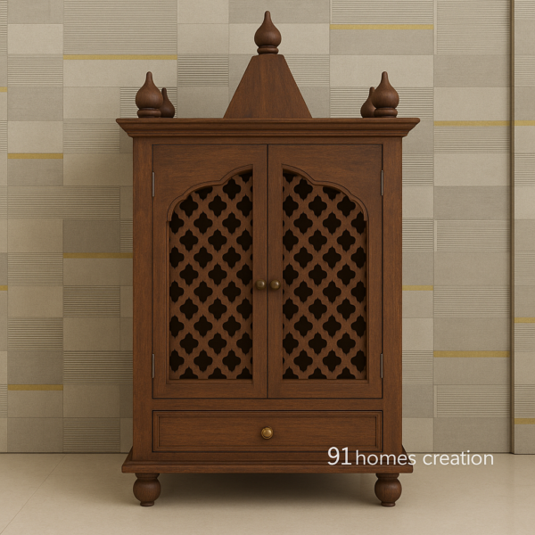 Dark Brown wooden mandir cabinet with traditional lattice doors and dome-shaped finials