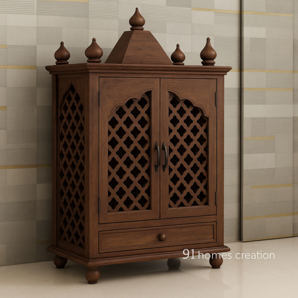 Solid teak pooja mandir with arched front doors and matte finish