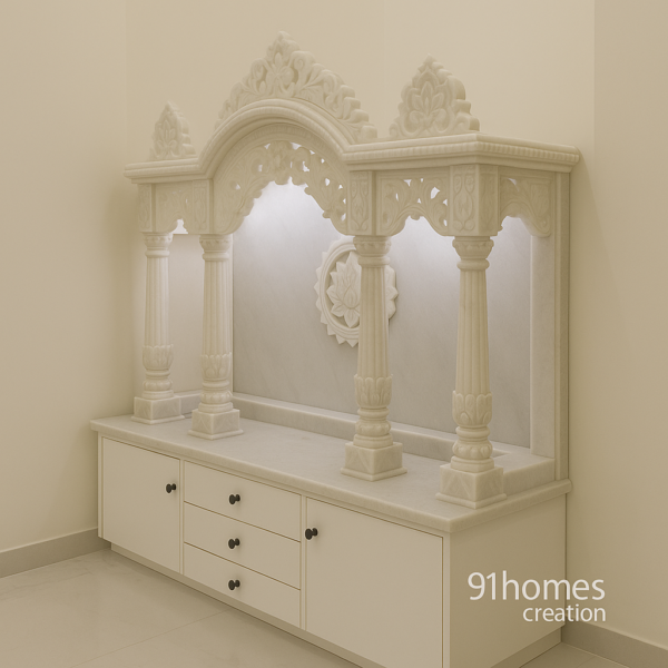 Side view of traditional Hindu temple unit in matte finish marble.