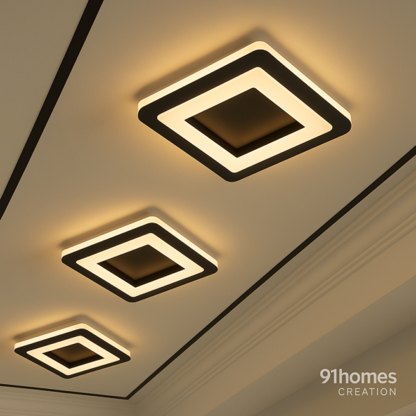 This modern false ceiling features three recessed square LED lights framed in black and white. Set in a matte gypsum tray with subtle molding and black inlay lines, it's perfect for hallways or entrances.