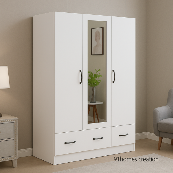 Matte finish engineered wood wardrobe with bottom drawers.