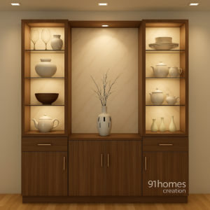 Walnut-Finish Crockery Unit with Marble Back and LED Shelves