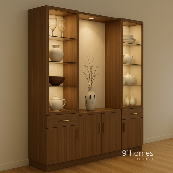 Modern walnut-finish crockery cabinet with decorative display