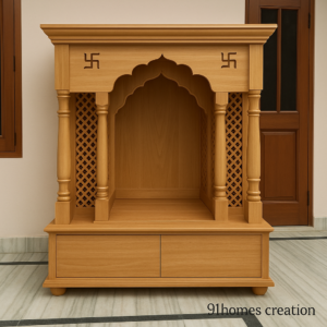 Square Beige Wooden Mandir with lattice side panels and arched front design