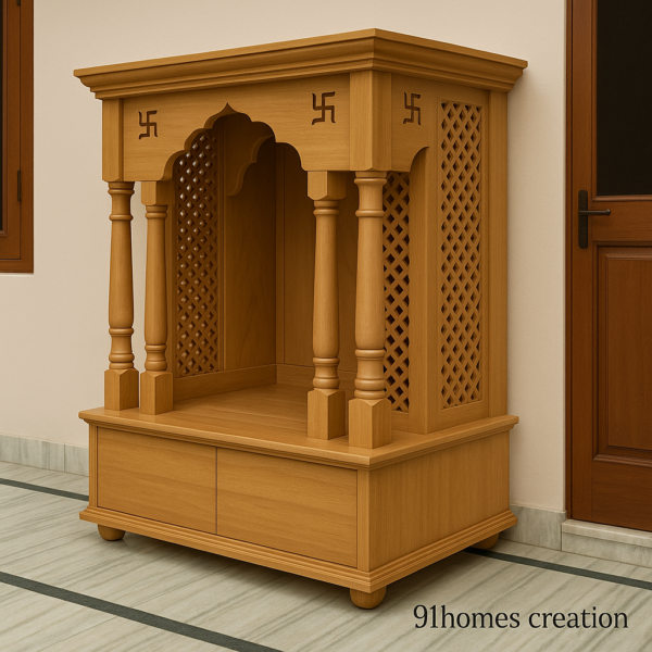 Handcrafted wooden pooja mandir with turned pillars and matte finish