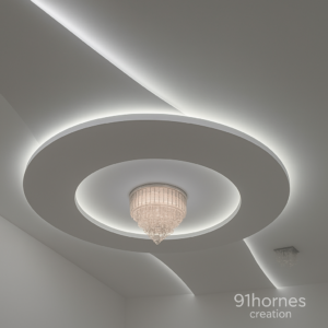 White Circular Gypsum Ceiling and crystal lights