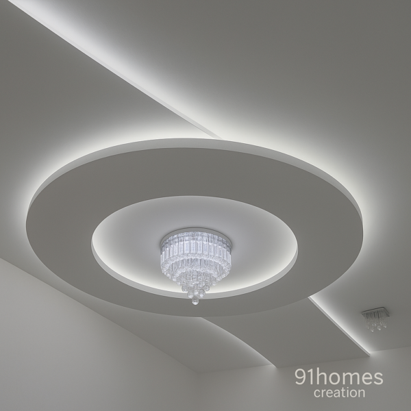 Modern white ceiling design with round recessed layers and warm light