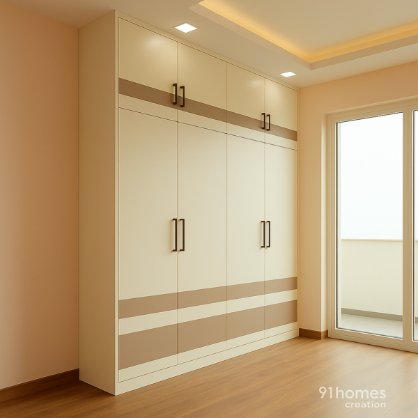 Full-wall wardrobe with horizontal stripe accents in neutral tones