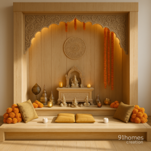 Beige wooden mandir design, marigold garlands, beige back panel, and carved arch frame in natural light, led temple design.