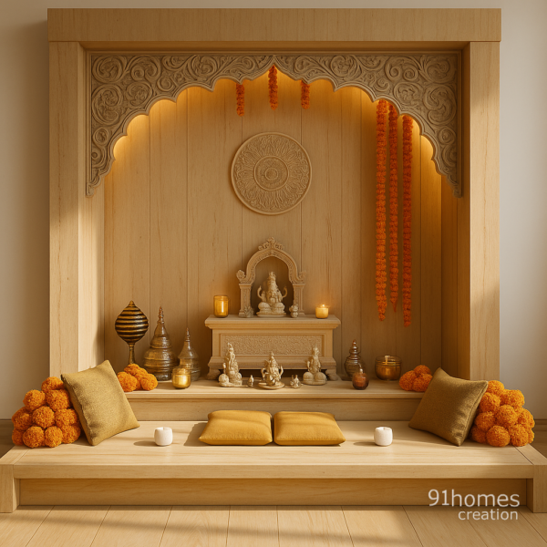 Beige wooden mandir design, marigold garlands, beige back panel, and carved arch frame in natural light, led temple design.
