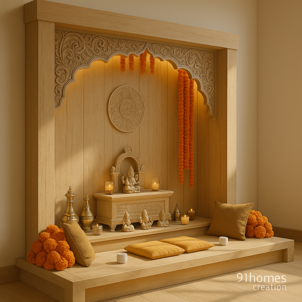 Traditional Indian pooja room with Ganesha idol, brass diyas, and warm-toned wood finish.