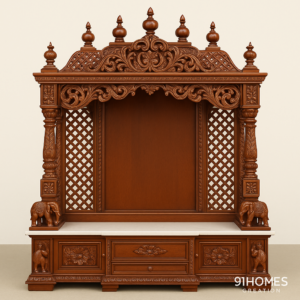 Rich Brown Wooden Mandir with carved pillars and elephant motifs on white marble base