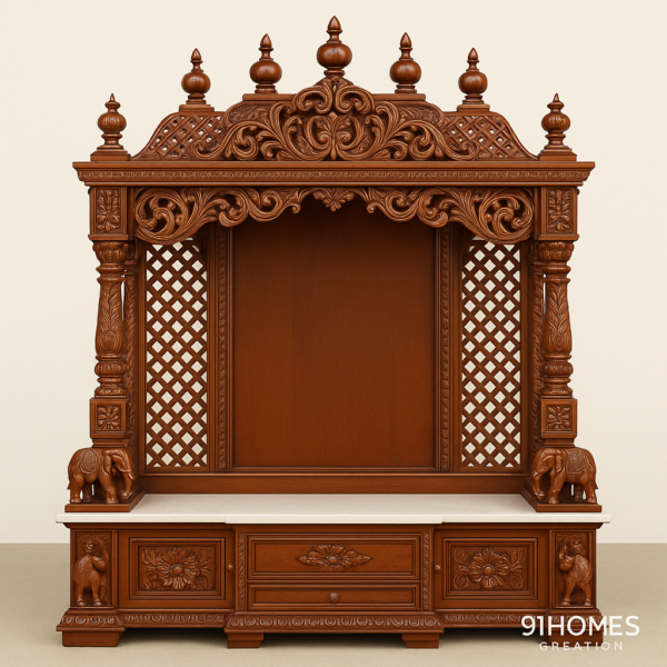 Rich Brown Wooden Mandir with carved pillars and elephant motifs on white marble base