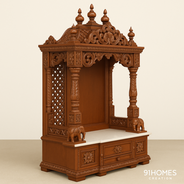 Square teakwood temple with jaali side panels, ornate dome, and detailed floral carvings